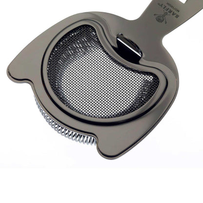 A Black Barfly Fine Mesh Spring Strainer on a white background