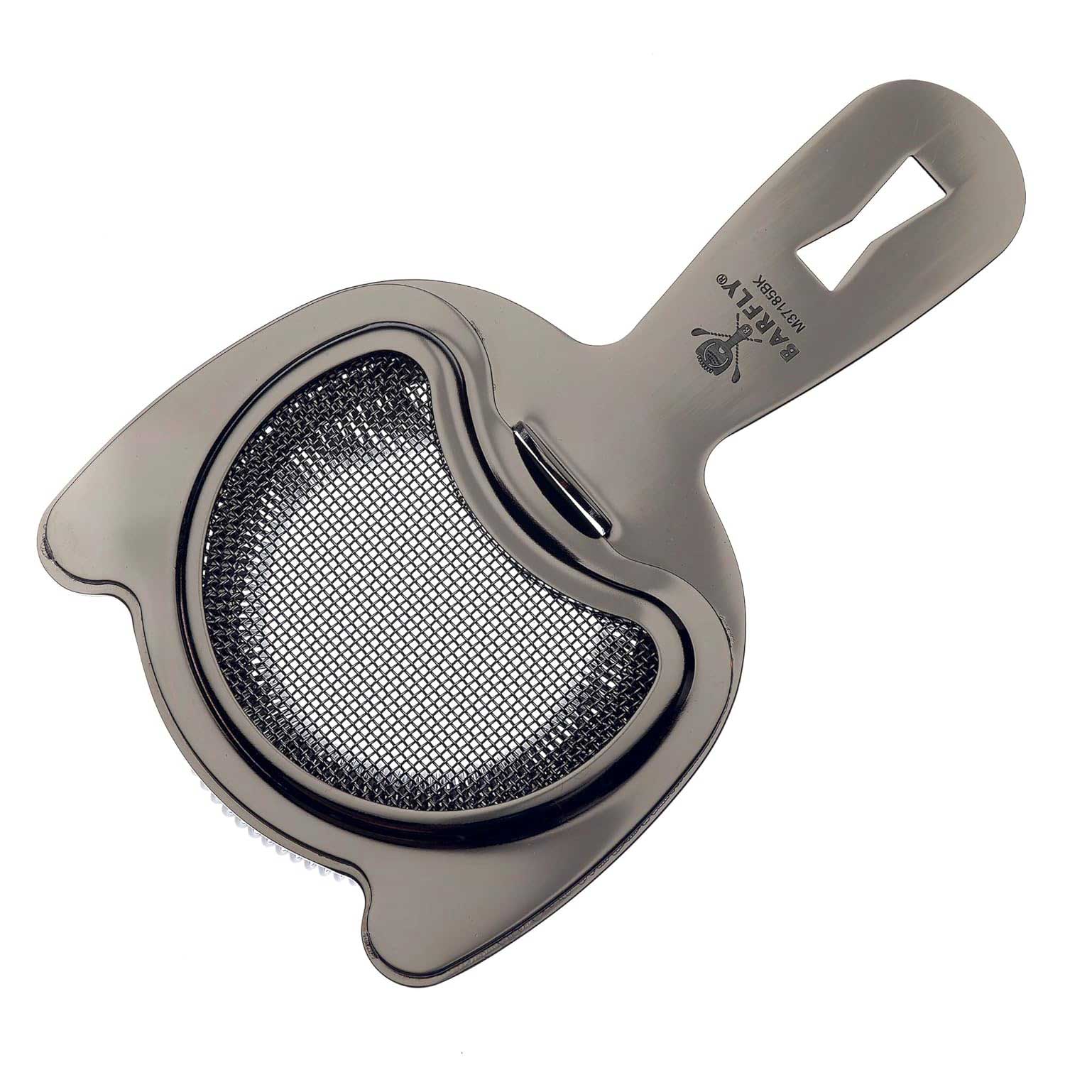 A Black Barfly Fine Mesh Spring Strainer on a white background