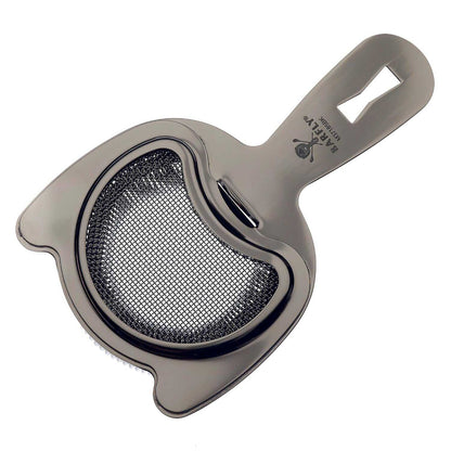 A Black Barfly Fine Mesh Spring Strainer on a white background