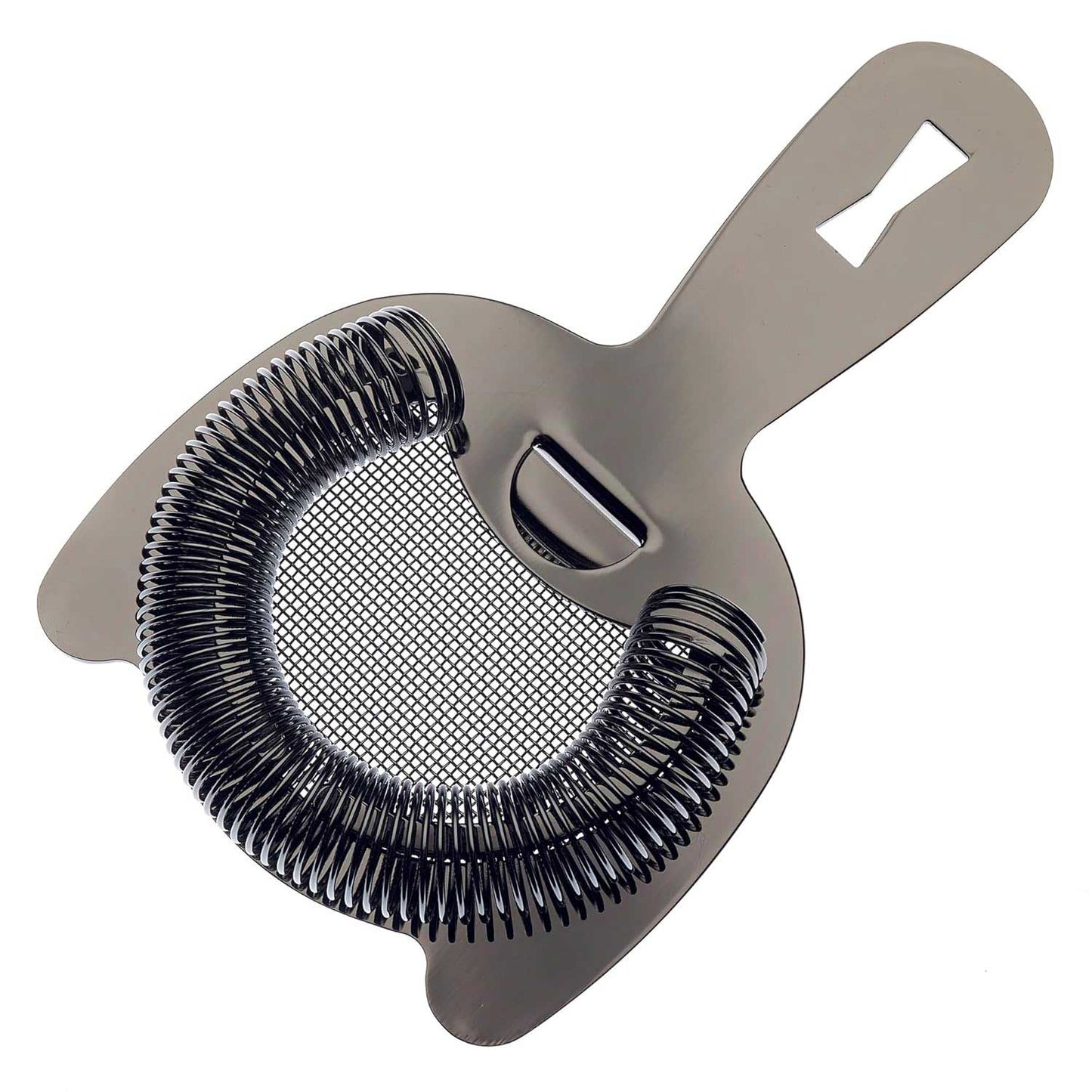 A Black Barfly Fine Mesh Spring Strainer on a white background