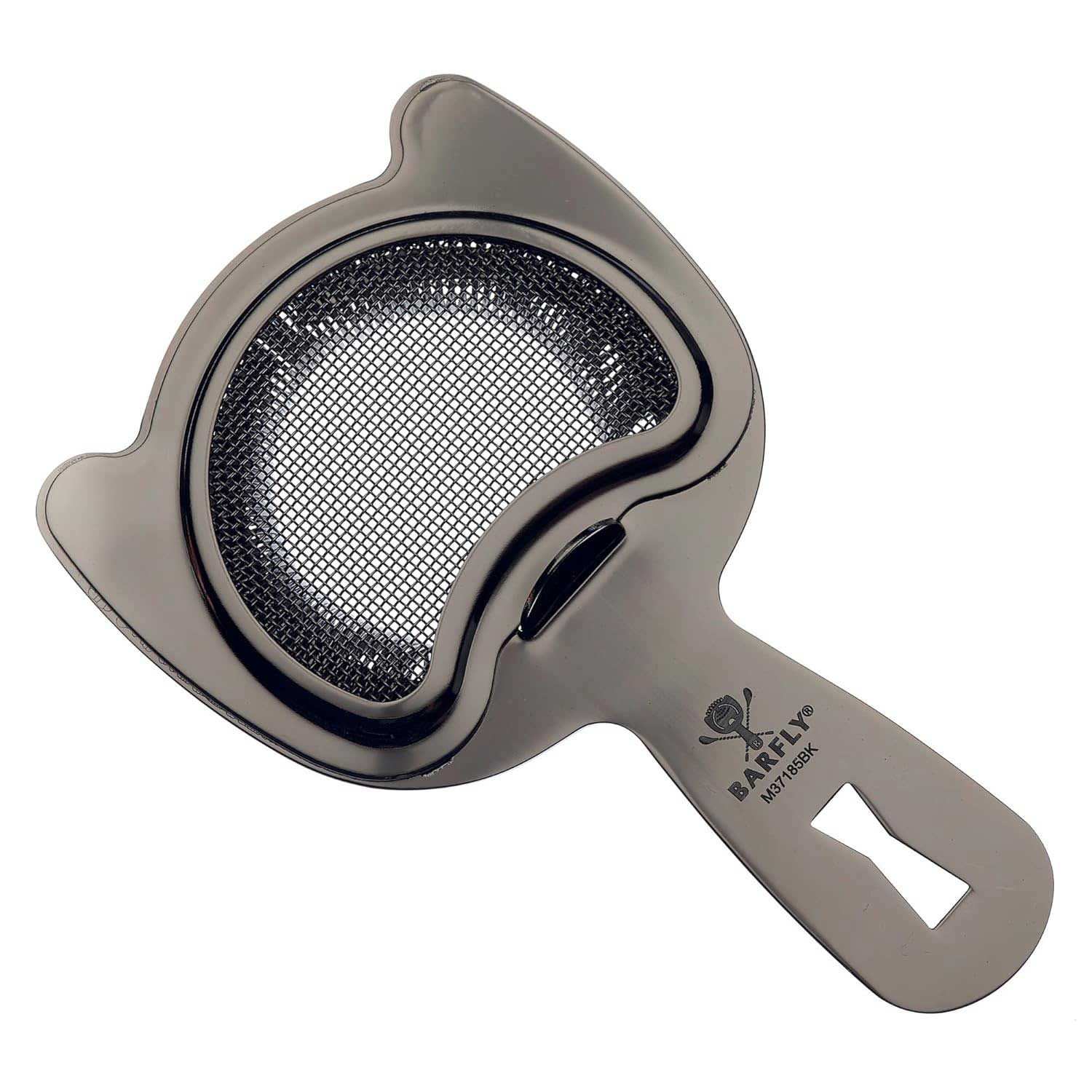 A Black Barfly Fine Mesh Spring Strainer on a white background