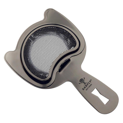 A Black Barfly Fine Mesh Spring Strainer on a white background