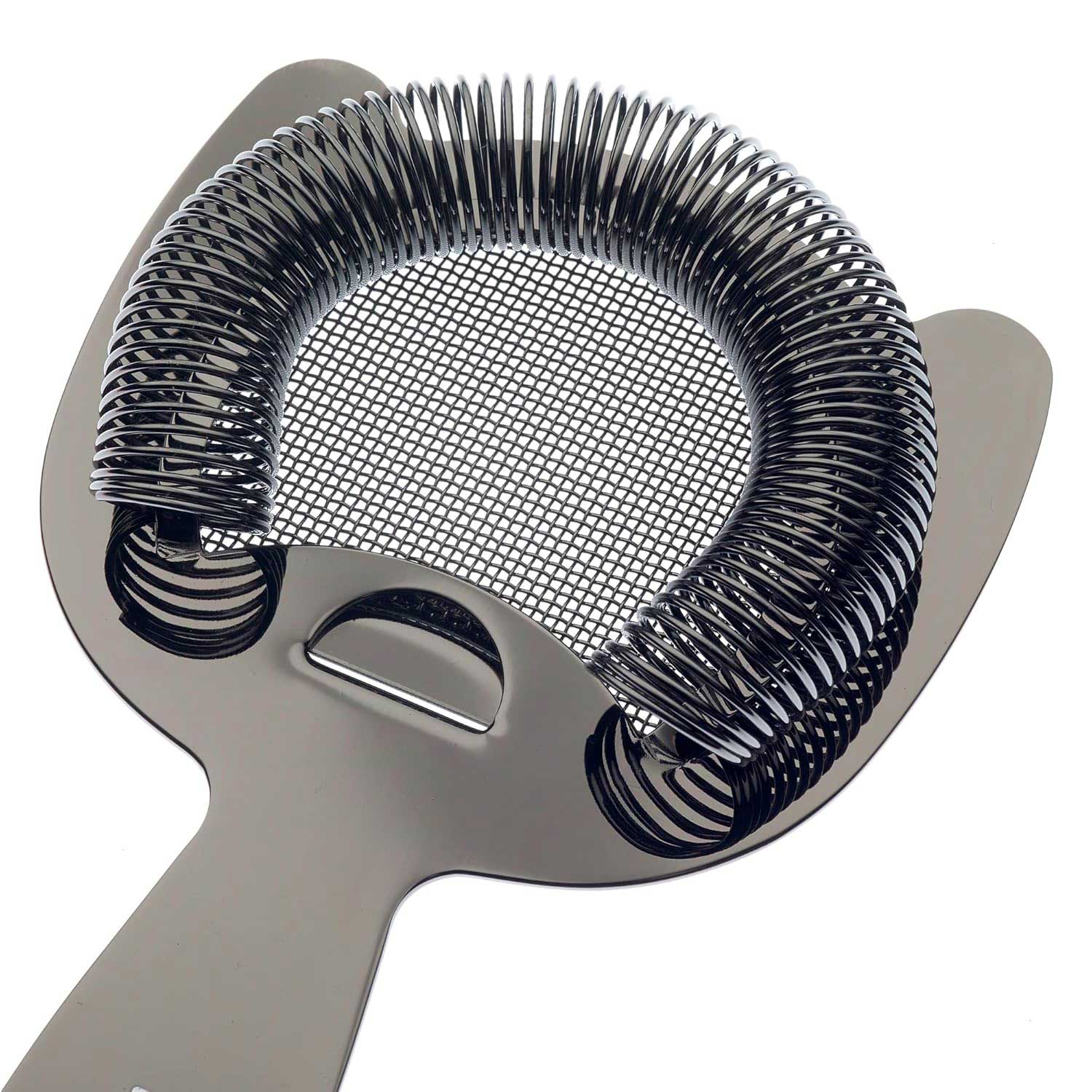 A Black Barfly Fine Mesh Spring Strainer on a white background