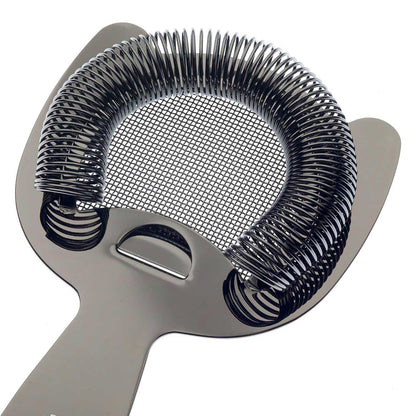 A Black Barfly Fine Mesh Spring Strainer on a white background