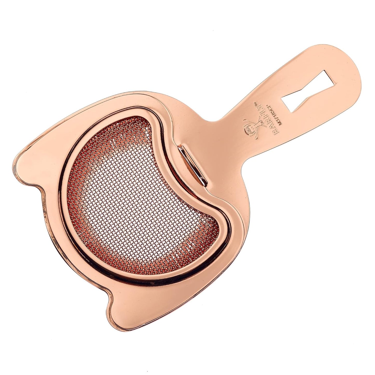 A Copper Plated Barfly Fine Mesh Spring Strainer on a white background