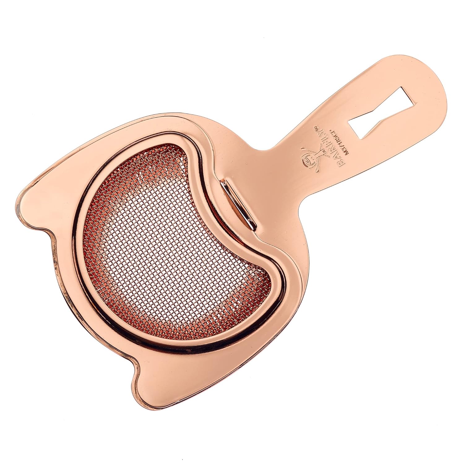 A Copper Plated Barfly Fine Mesh Spring Strainer on a white background