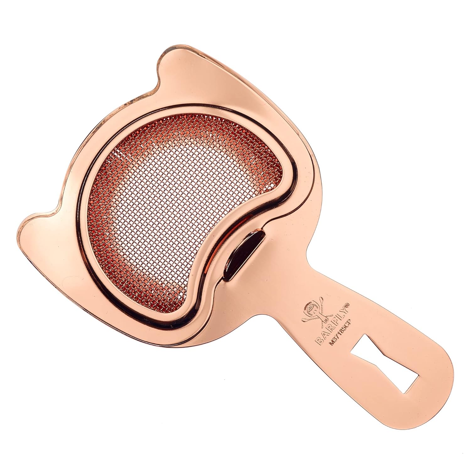 A Copper Plated Barfly Fine Mesh Spring Strainer on a white background