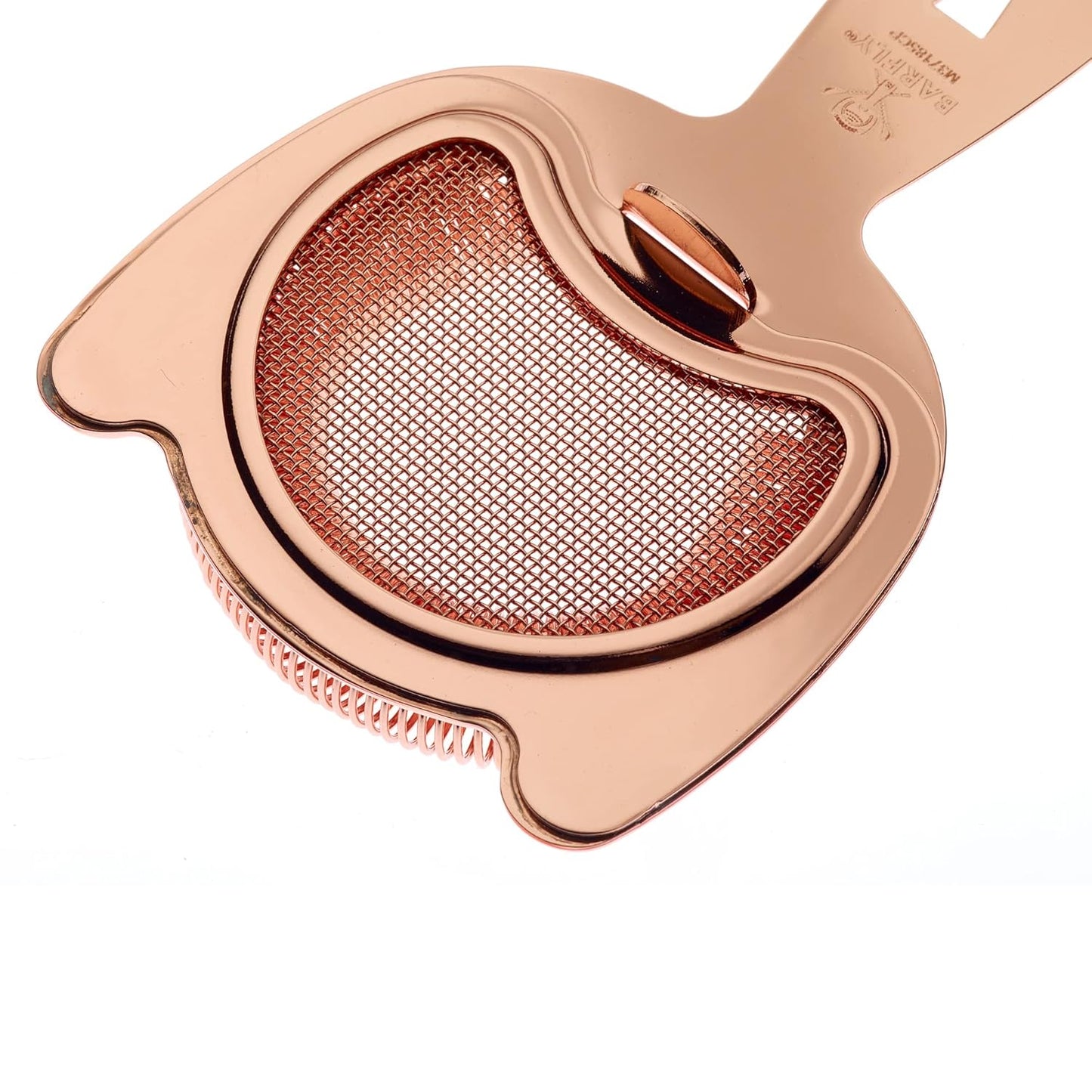 A Copper Plated Barfly Fine Mesh Spring Strainer on a white background
