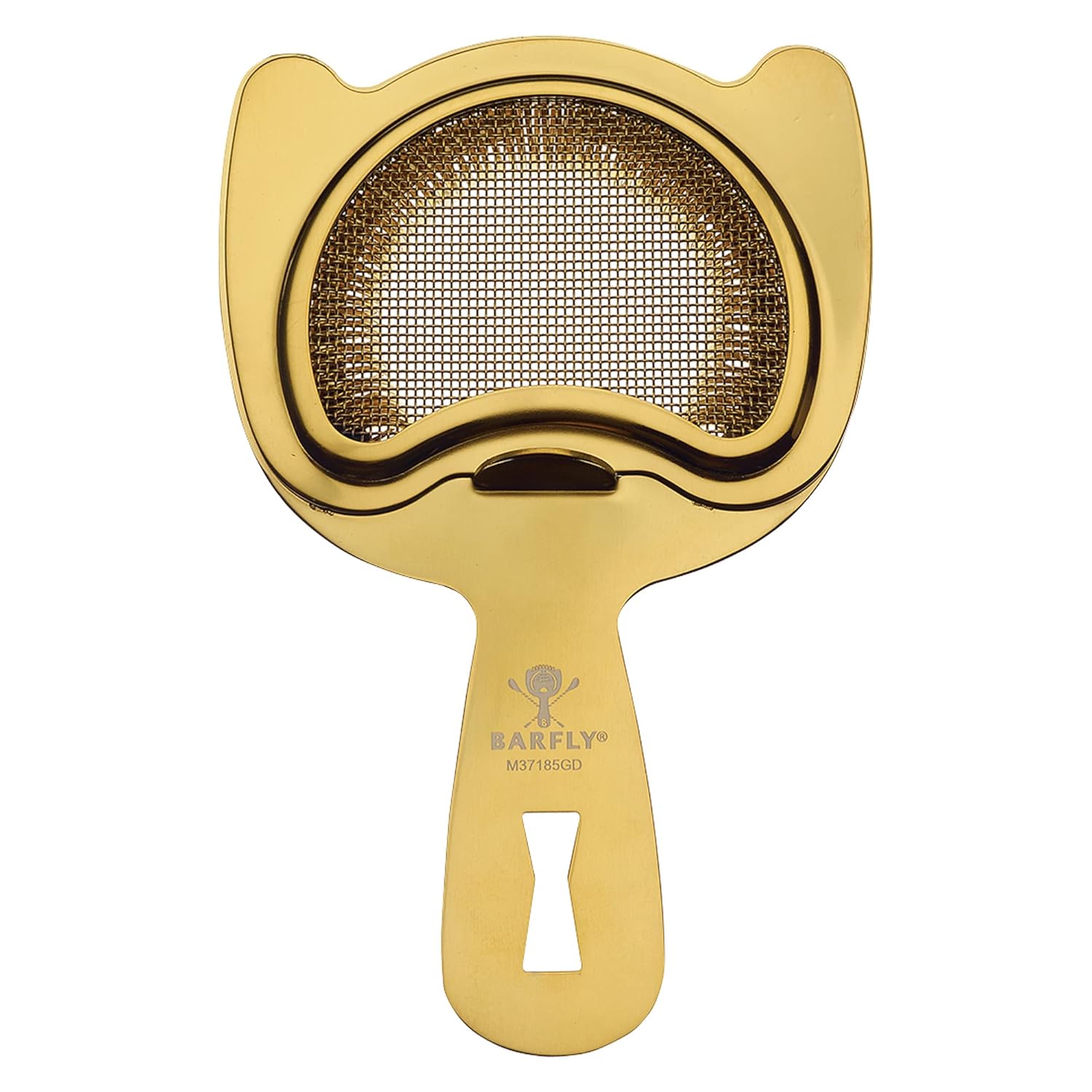 A Gold Plated  Barfly Fine Mesh Spring Strainer on a white background