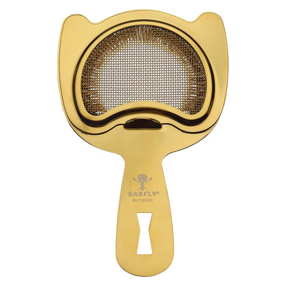A Gold Plated  Barfly Fine Mesh Spring Strainer on a white background