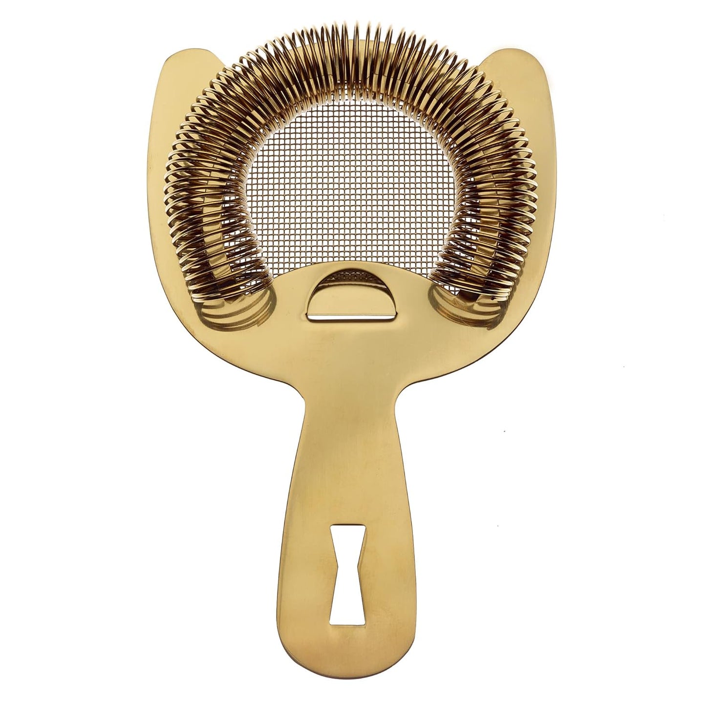 A Gold Plated  Barfly Fine Mesh Spring Strainer on a white background