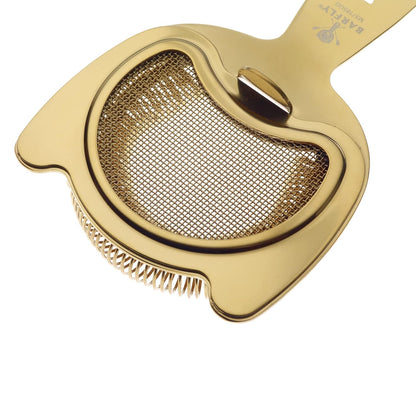 A Gold Plated  Barfly Fine Mesh Spring Strainer on a white background