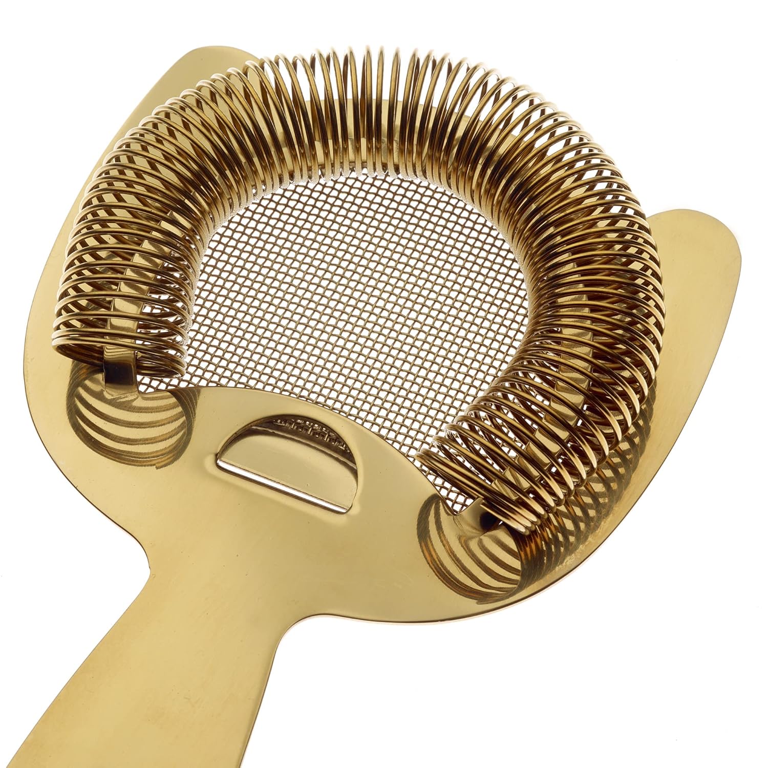 A Gold Plated  Barfly Fine Mesh Spring Strainer on a white background