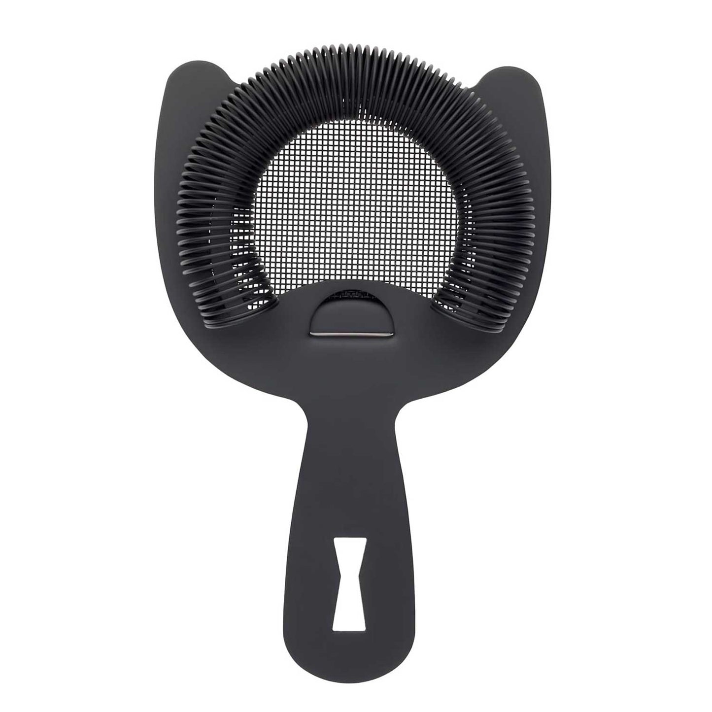 A Matte Black Barfly Fine Mesh Spring Strainer on a white background