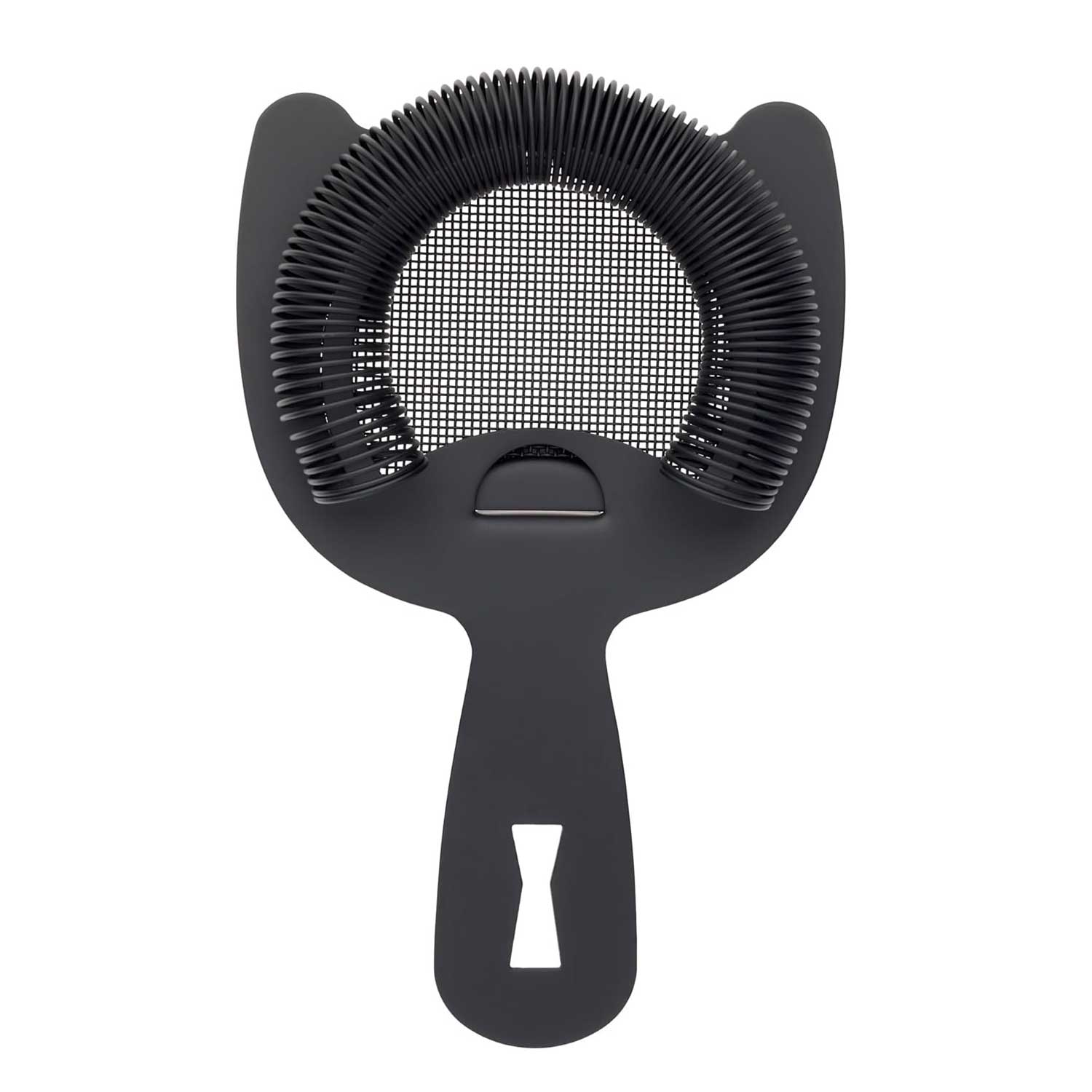 A Matte Black Barfly Fine Mesh Spring Strainer on a white background