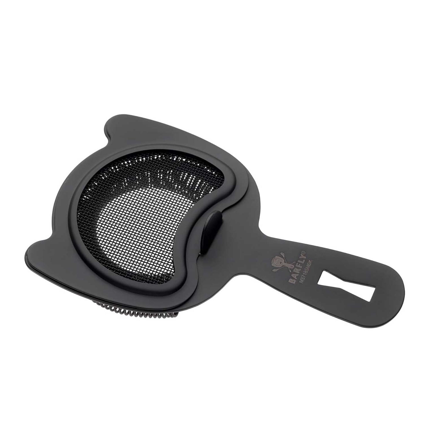A Matte Black Barfly Fine Mesh Spring Strainer on a white background