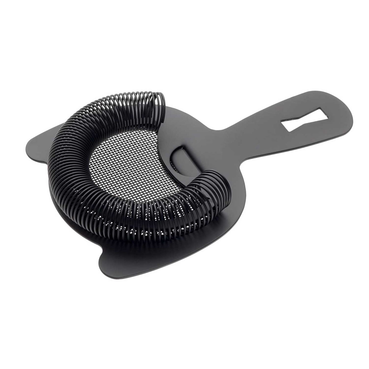 A Matte Black Barfly Fine Mesh Spring Strainer on a white background