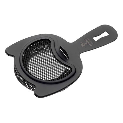 A Matte Black Barfly Fine Mesh Spring Strainer on a white background
