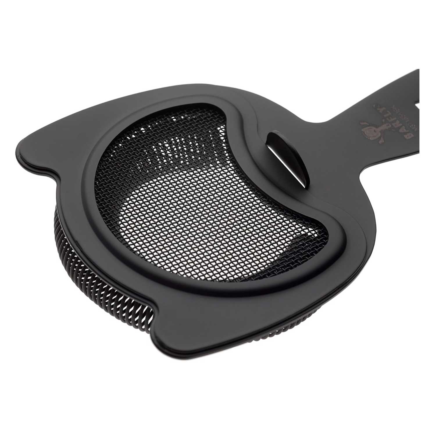 A Matte Black Barfly Fine Mesh Spring Strainer on a white background