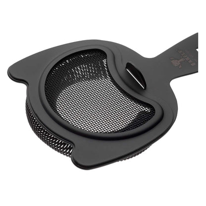A Matte Black Barfly Fine Mesh Spring Strainer on a white background
