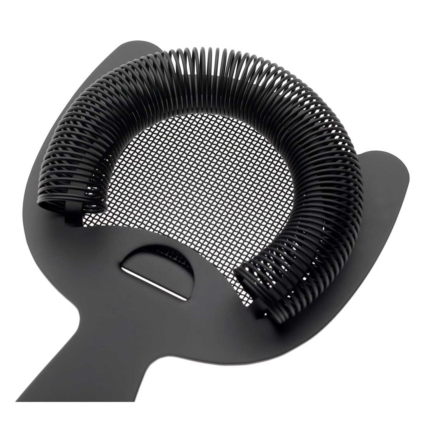 A close-up of the Matte Black Barfly Fine Mesh Spring Strainer on a white background