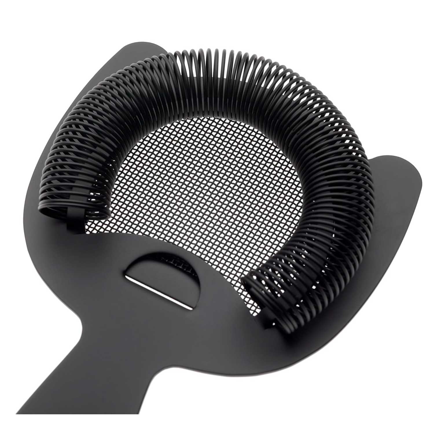 A close-up of the Matte Black Barfly Fine Mesh Spring Strainer on a white background