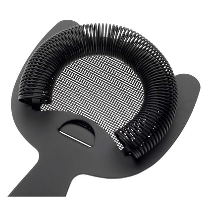 A close-up of the Matte Black Barfly Fine Mesh Spring Strainer on a white background