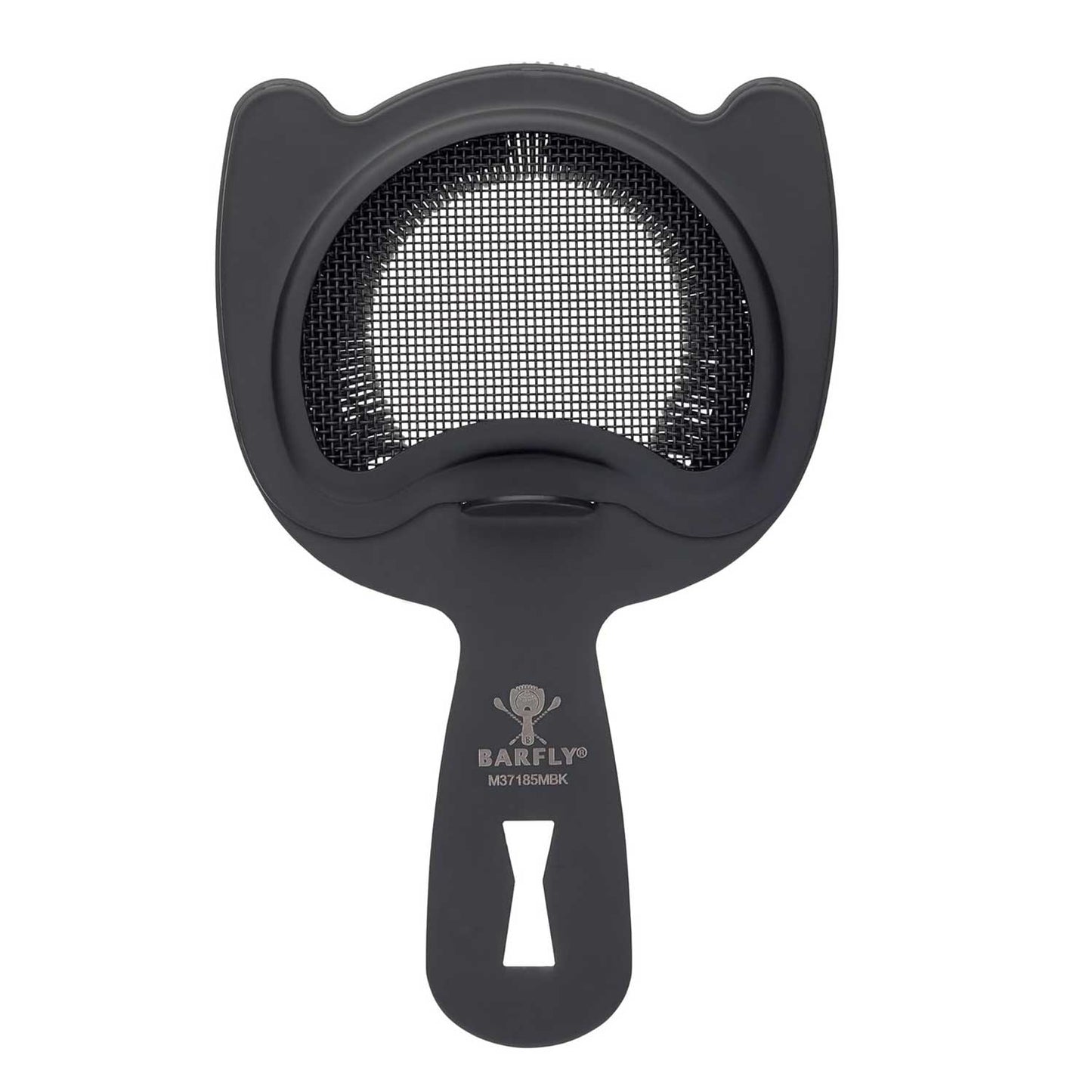 A Matte Black Barfly Fine Mesh Spring Strainer on a white background