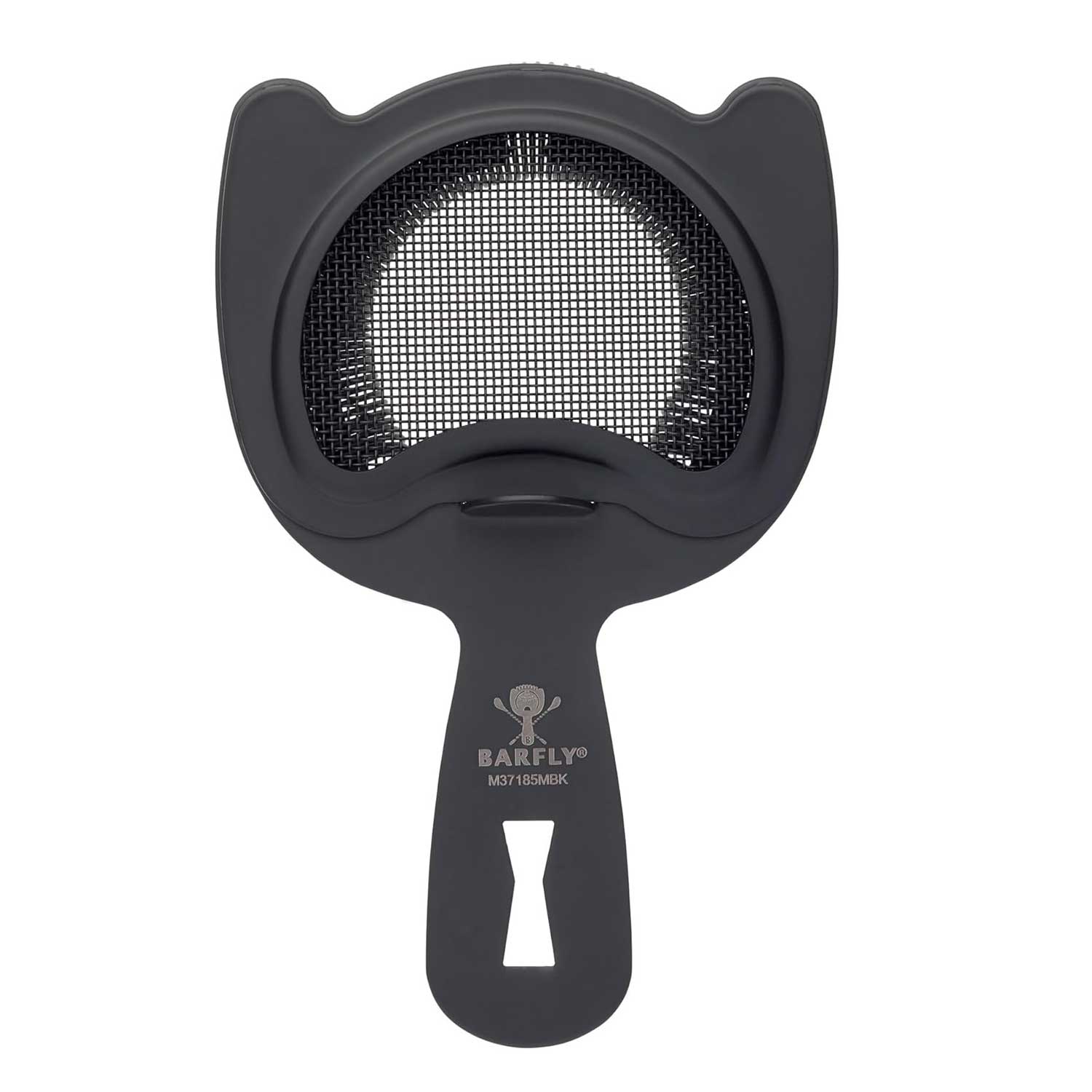 A Matte Black Barfly Fine Mesh Spring Strainer on a white background