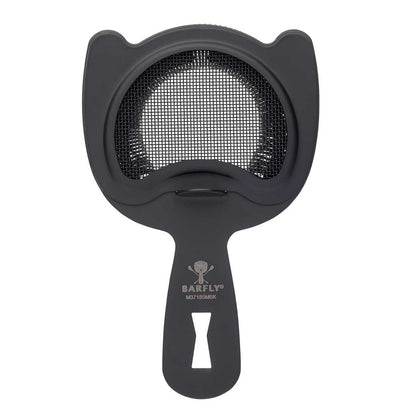 A Matte Black Barfly Fine Mesh Spring Strainer on a white background