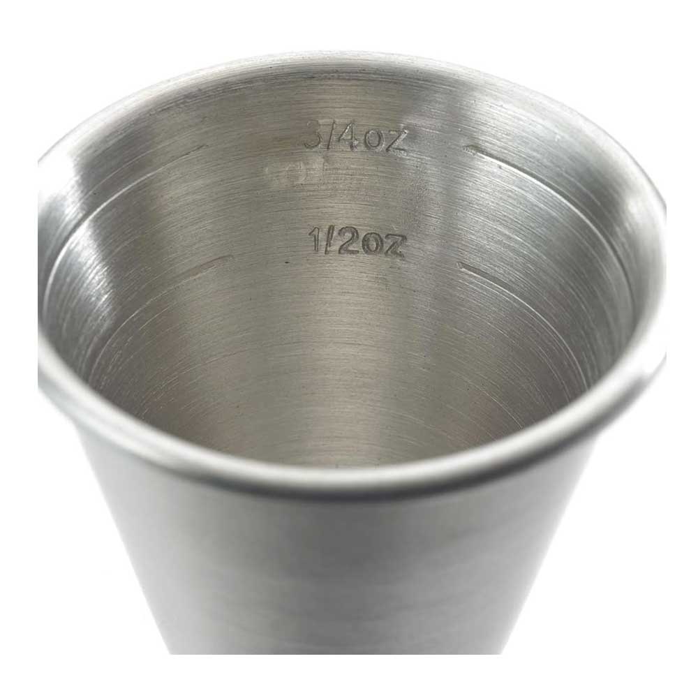 Close-up of a Stainless Barfly Japanese Style Jigger, 1 oz x 2 oz,  on a white background.