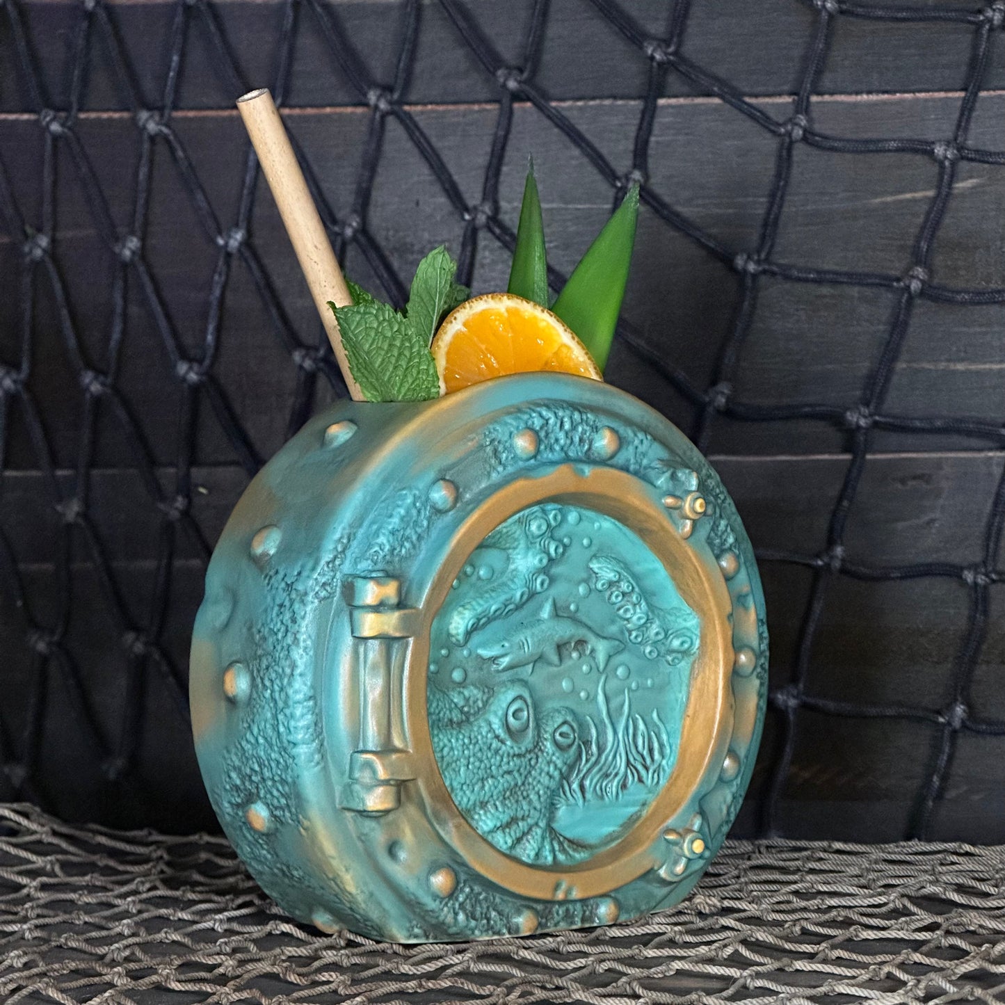 DIVE! DIVE! DIVE!  Ocean Patina Edition - Ceramic Tiki Mug, sculpt by Thor - Ready to Ship! (FREE SHIPPING in U.S.)
