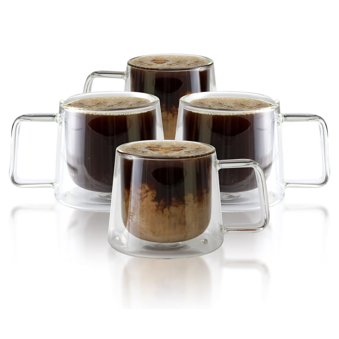 Lemonsoda - Double Walled Glass Coffee Drink Mug with Handle - Set of 4 - 8.5oz