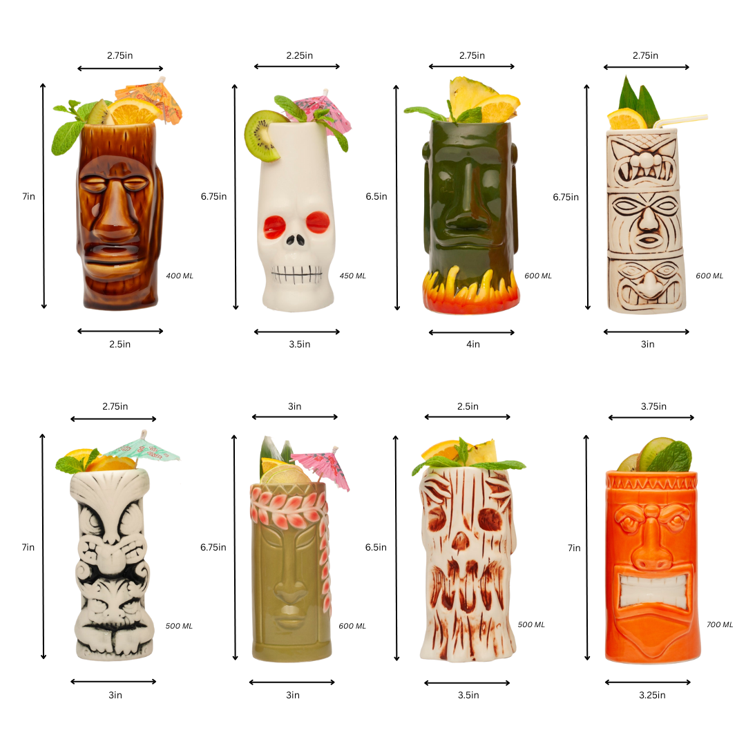 Lemonsoda - Ceramic Tiki Mugs, Set of 8 - 18-23.5oz - Perfect for Exotic Cocktails, Iced Tea, Soda, Mai Tai, Long Island