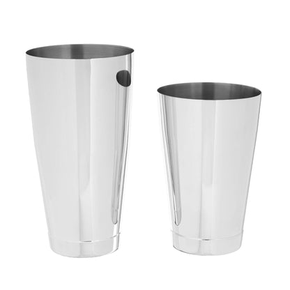 A barfly stainless steel shaker cocktail tin set of 18 oz and 28 oz on a white background