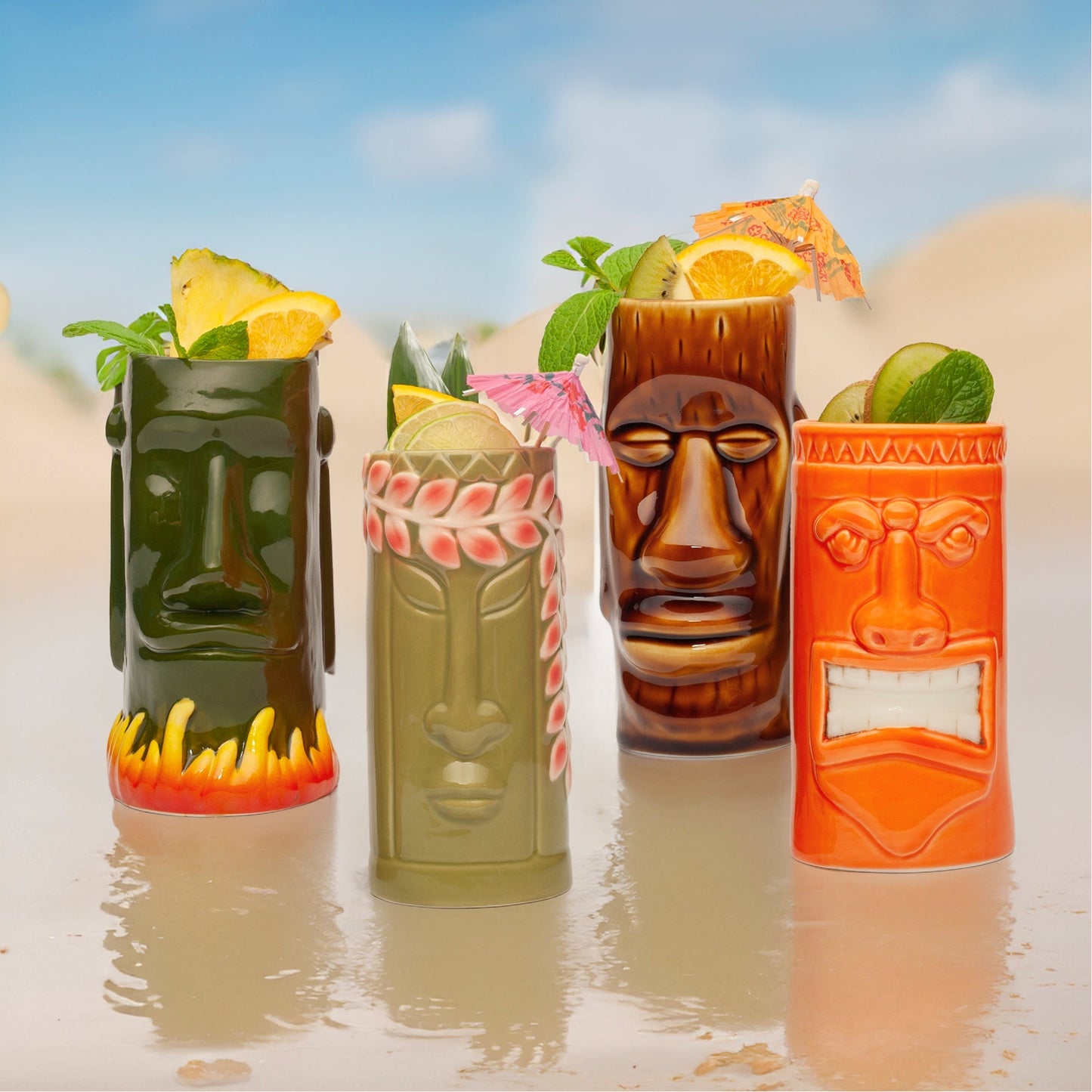 Lemonsoda - Ceramic Tiki Mugs, Set of 8 - 18-23.5oz - Perfect for Exotic Cocktails, Iced Tea, Soda, Mai Tai, Long Island