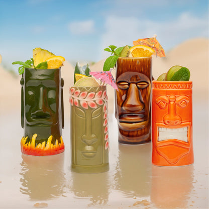 Lemonsoda - Ceramic Tiki Mugs, Set of 8 - 18-23.5oz - Perfect for Exotic Cocktails, Iced Tea, Soda, Mai Tai, Long Island
