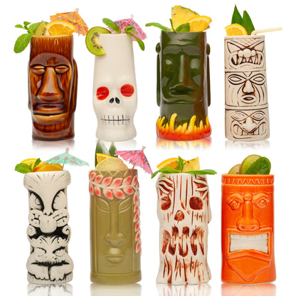 Lemonsoda - Ceramic Tiki Mugs, Set of 8 - 18-23.5oz - Perfect for Exotic Cocktails, Iced Tea, Soda, Mai Tai, Long Island