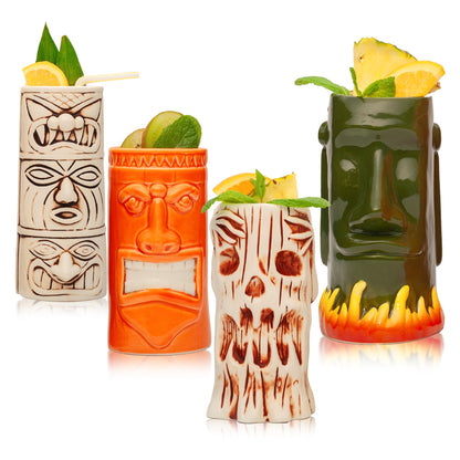 Lemonsoda - Ceramic Tiki Mugs, Set of 8 - 18-23.5oz - Perfect for Exotic Cocktails, Iced Tea, Soda, Mai Tai, Long Island