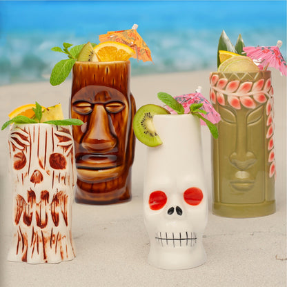 Lemonsoda - Ceramic Tiki Mugs, Set of 8 - 18-23.5oz - Perfect for Exotic Cocktails, Iced Tea, Soda, Mai Tai, Long Island