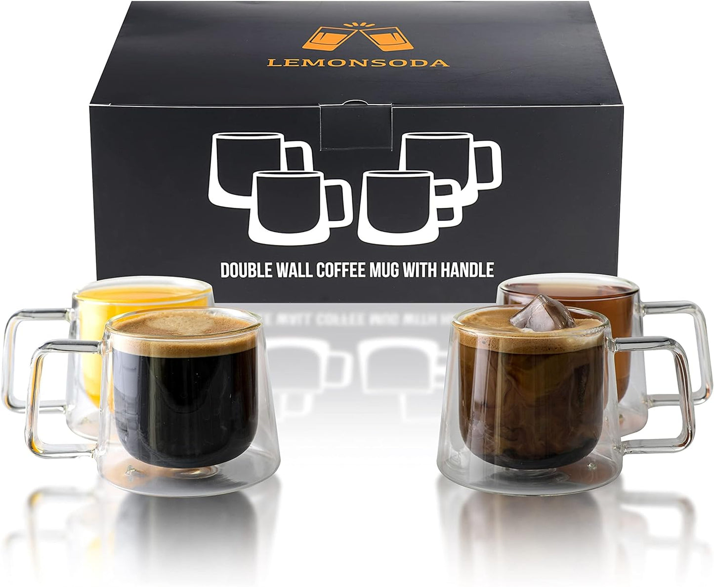 Lemonsoda - Double Walled Glass Coffee Drink Mug with Handle - Set of 4 - 8.5oz