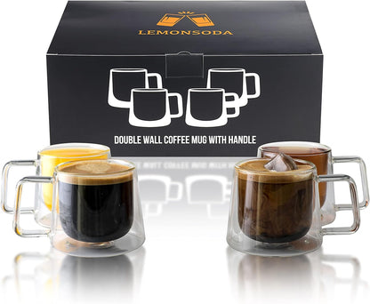Lemonsoda - Double Walled Glass Coffee Drink Mug with Handle - Set of 4 - 8.5oz