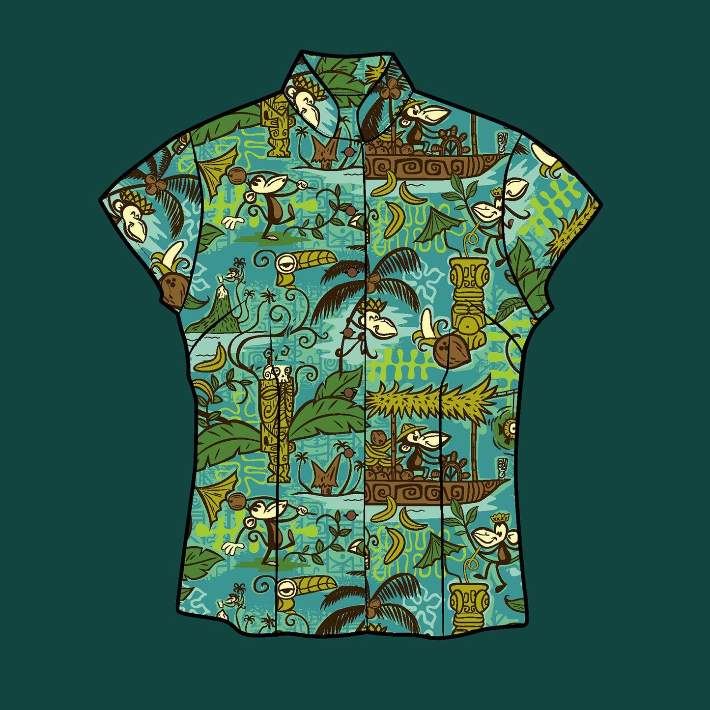 Tiki tOny's 'Beachcomber Monkey' Classic Aloha Button-Up Shirt - Womens - Ready to Ship