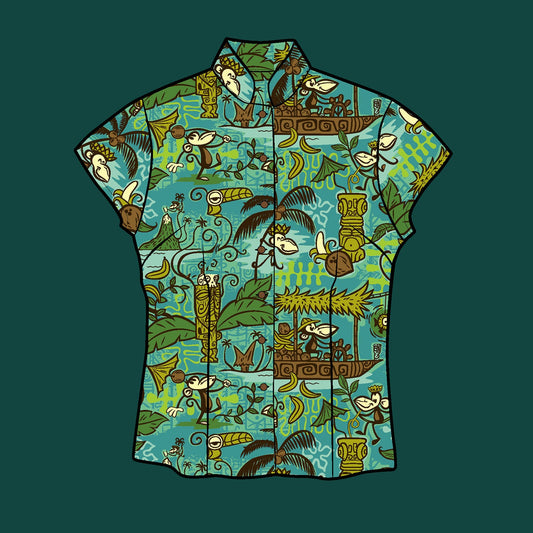 Tiki tOny's 'Beachcomber Monkey' Classic Aloha Button-Up Shirt - Womens - Ready to Ship